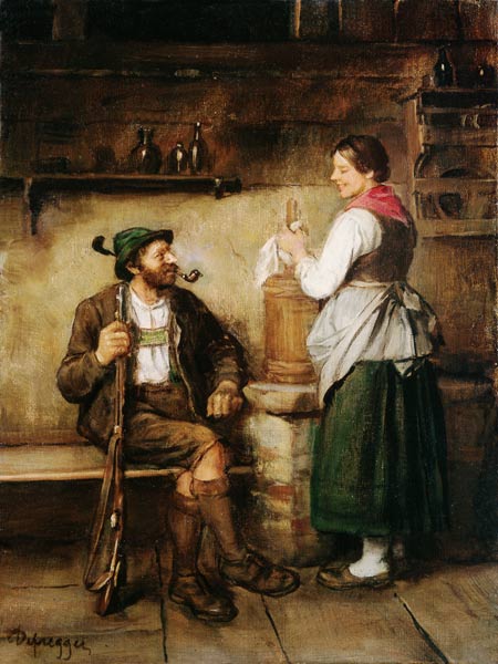 Hunter and maid in the Kuchl at happy Geplauder from Franz von Defregger