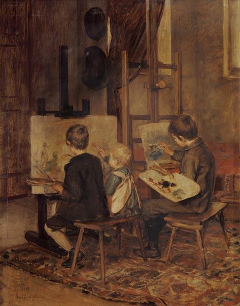 Franzl, Hansl and Friedl when painting at the easel.