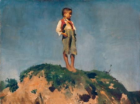 Shepherd boy on a grass hill