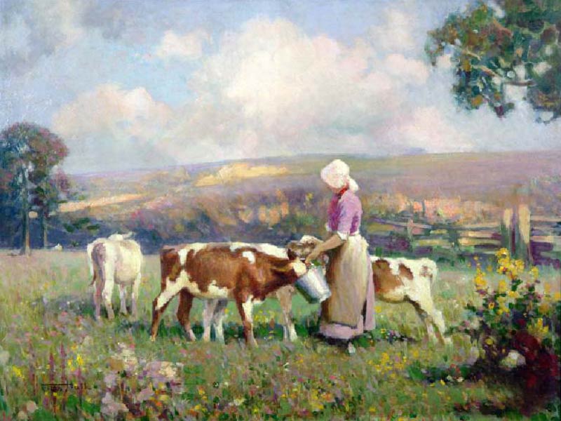Feeding the Calves (oil on panel) from Fred Hall