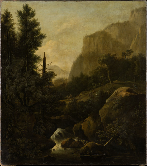 Mountain Landscape with Deer Hunt at a Waterfall from Frederik de Moucheron