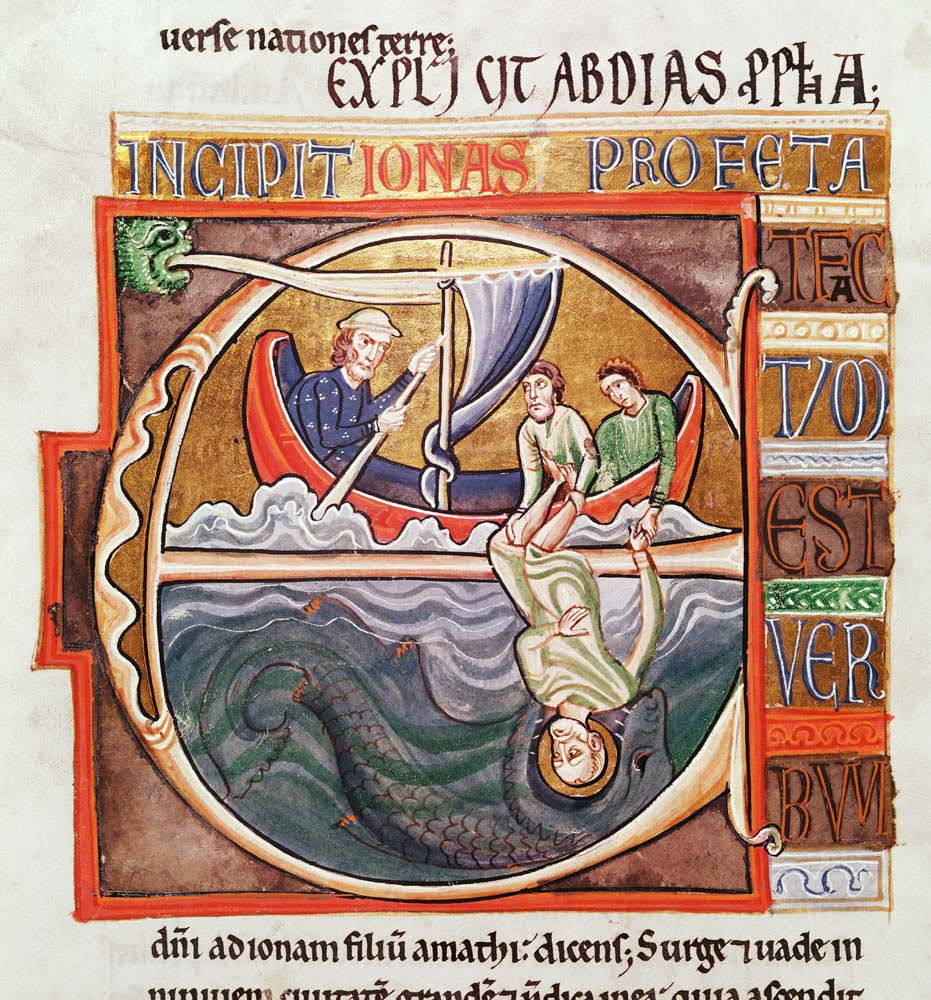 Ms 1 Fol.196v Historiated initial ''E'' depicting Jonah Thrown into the Sea, from the Souvigny Bible from French School