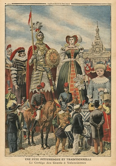 A picturesque and traditional feast, the procession of the Giants at Valenciennes, illustration from from French School