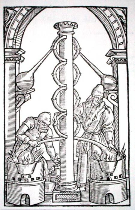 The Alchemist at Work, copy of an illustration from 'Coelum Philosophorum' by Philippus Ulstadius, P from French School