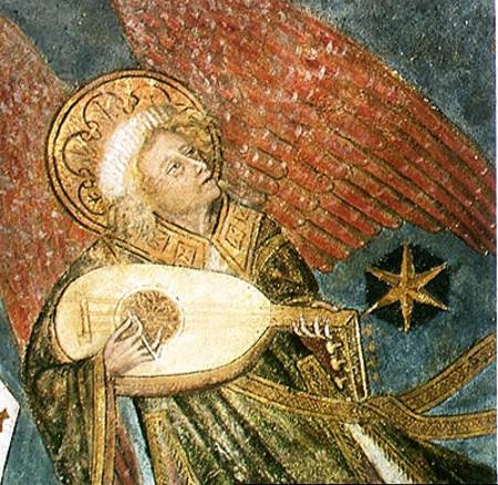 Angel musician playing a lute, detail from the vault of the crypt from French School