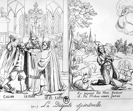 Caricature depicting a Spiritual Dispute between Pope Leo X (1476-1521) Martin Luther (1483-1546) an from French School