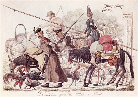 Caricature depicting the Entry into Paris of a Part of the Allied Troops, 1814 (coloured etching) from French School