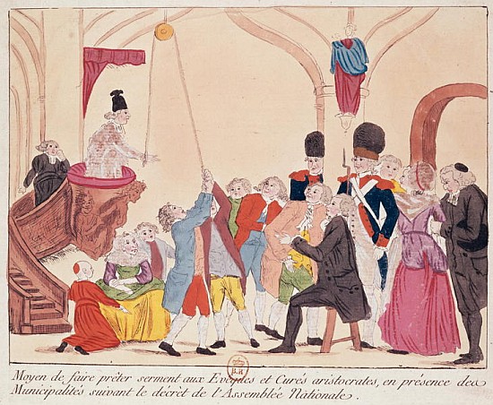 Caricature of the way to make aristocratic bishops and priests swear the oath for the Civil Constitu from French School