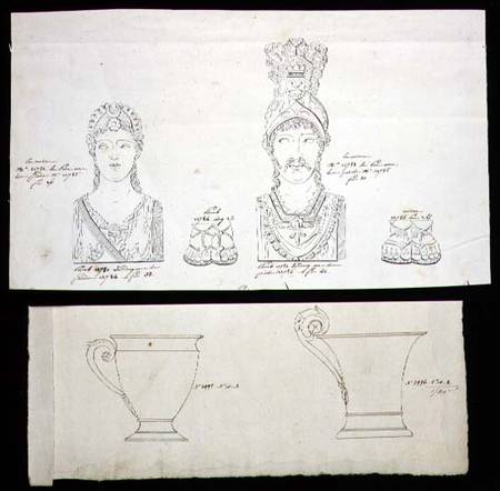 Designs for gilt bronze ormolu furniture mounts and French Empire porcelain cups from French School