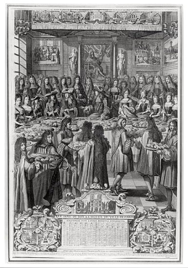 Dinner of Louis XIV (1638-1715) at the Hotel de ville, 30th January 1687, from Calendar of the year  from French School