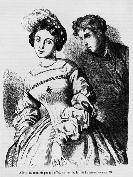 Etienne Lousteau speaking to an actress, illustration from ''Les Illusions perdues'' Honore de Balza from French School
