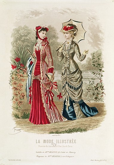 Fashion plate showing hats and dresses, illustration from ''La Mode Ilustree'' from French School