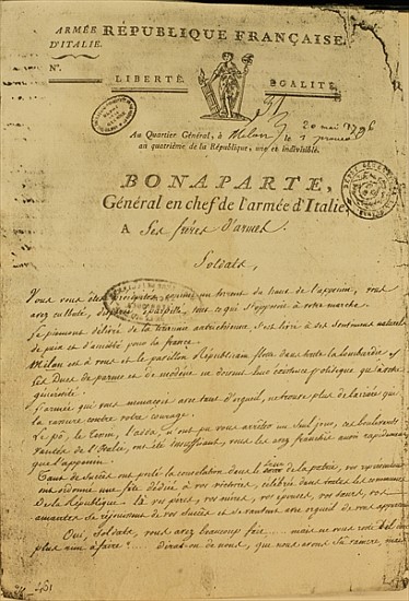 Instructions to soldiers issued Napoleon as General of the Italian Army, 20th May 1796 from French School