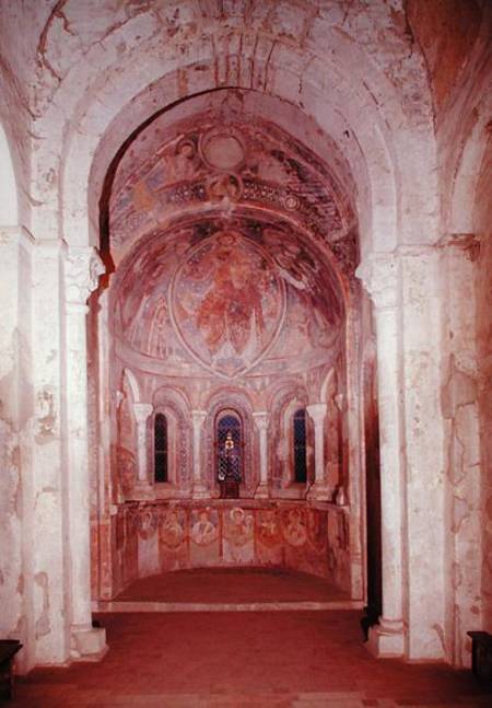 Interior view of the apse with a fresco depicting Christ giving the law to St. Peter in the presence from French School