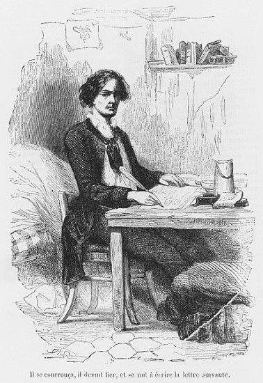 Lucien de Rubempre writing a letter, illustration from ''Les Illusions perdues'' Honore de Balzac; e from French School