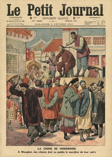 Modernisation of China, Chinese having their pigtail cut off in Shanghai, illustration from ''Le Pet from French School