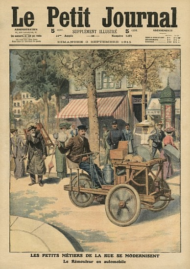 Modernisation of the street jobs, the knife grinder in his car, illustration from ''Le Petit Journal from French School