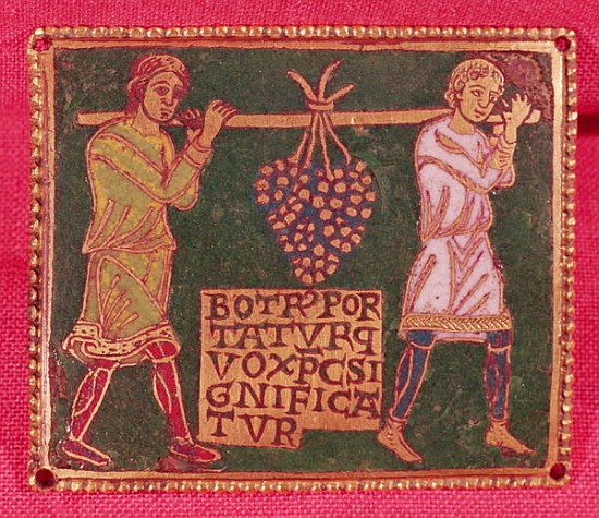 Plaque from a cross depicting two men carrying the grapes of the promised land, Mosane School (champ from French School