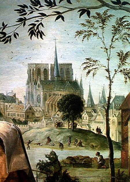 Scene Galante at the Gates of Paris, detail of Notre Dame from French School