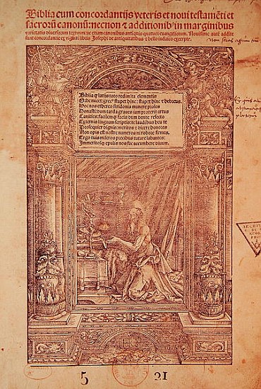 St. Jerome in his Studiolo, title page of a Bible, printed J. Marion, Lyon from French School