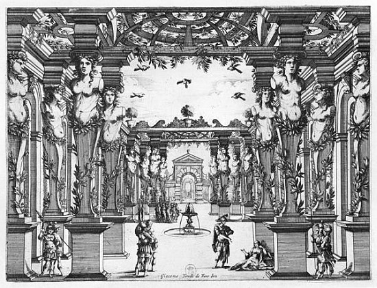 Stage design Giacomo Torelli (1608-78) for ''Mirame'' performed in 1641 at Theatre Petit Bourbon in  from French School