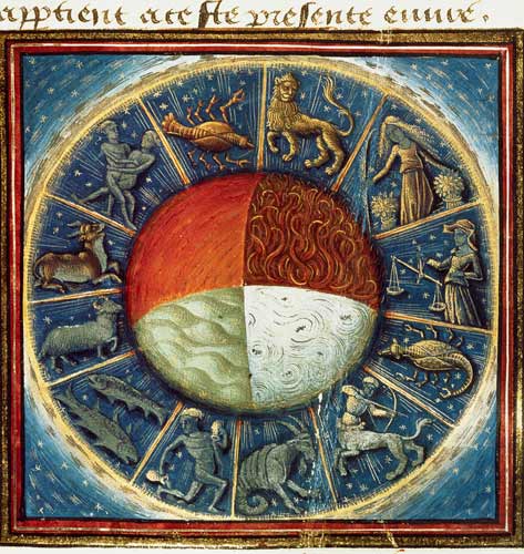 Ms Fr 135 Fol.285 The four elements of the Earth with the twelve signs of the zodiac, from 'Des Prop from French School