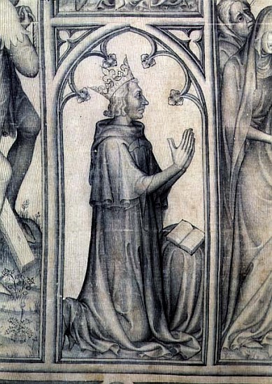 The Parement of Narbonne, detail of Charles V (1338-80) praying, c.1375 (grisaille on silk) (detail  from French School