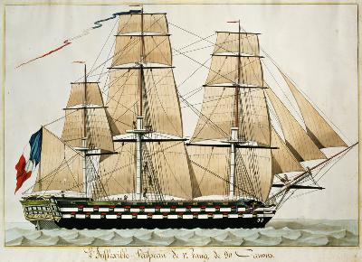 'L'Inflexible Vaisseau de v. Rang de 90 Canons' (The 90 Gun Ship of the Line) c.1835 (w/c with pen &