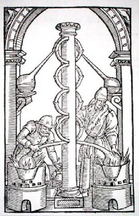 The Alchemist at Work, copy of an illustration from 'Coelum Philosophorum' by Philippus Ulstadius, P