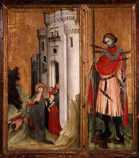 Thouzon Altarpiece, right-hand section showing (LtoR) St. Andrew expelling demons from Nice; St. Seb from French School