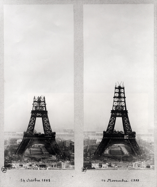 Two views of the construction of the Eiffel Tower, Paris, 14th October and 14th November 1888 (b/w p from French School
