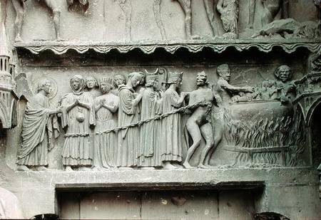 Tympanum from the left portal of the north transcept depicting the Last Judgement, detail of the dam from French School