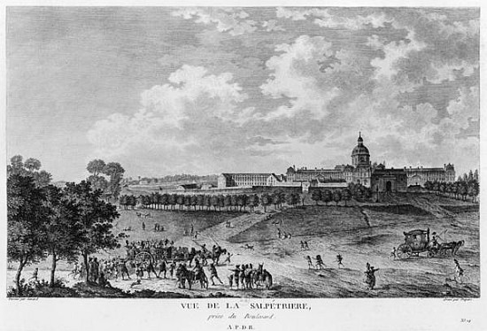 View of Hopital La Salpetriere, transport of prostitutes, Paris; engraved by Duparc, after a drawing from French School