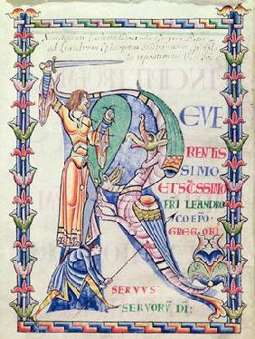 Ms 168 f.4v Historiated initial 'R' depicting a knight fighting a dragon, from 'Moralia in Job' by P