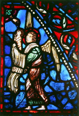 Window depicting an angel presenting a soul to God the Father, Ile de France Workshop (stained glass from French School, (13th century)