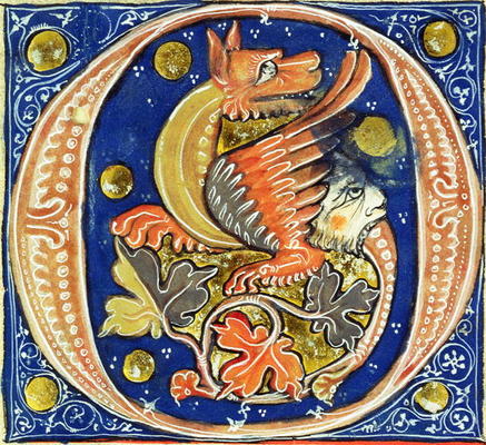 Historiated initial 'O' depicting a winged griffin (vellum) from French School, (14th century)