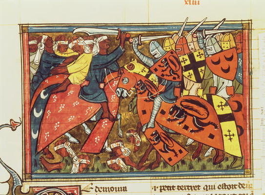 Fr 22495 f.43 Battle between Crusaders and Moslems, from Le Roman de Godefroi de Bouillon (vellum) from French School, (14th century)