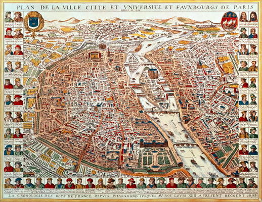 Plan of Paris, bordered by a chronological series of portraits of the kings of France from Pharamond from French School, (17th century)