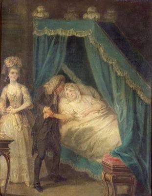 Bedside visit by the doctor (oil on canvas) from French School, (18th century)