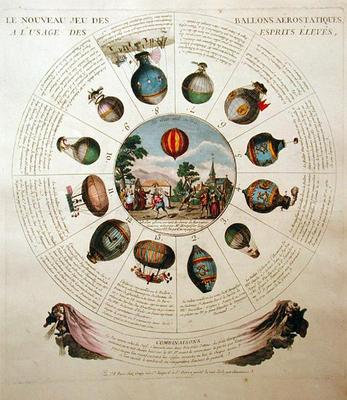 The Ballooning Game, with illustrations of different hot air balloons, c.1784 (coloured engraving) from French School, (18th century)