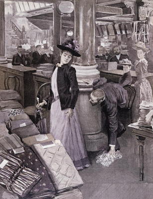 A Thief in a Department Store in Paris, illustration from 'Paradis des Dames', c.1895 (litho) from French School, (19th century)