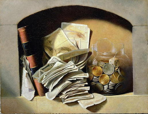 A trompe l'oeil of paper money, coins and a broken glass jar in a niche (oil on canvas) from French School, (19th century)