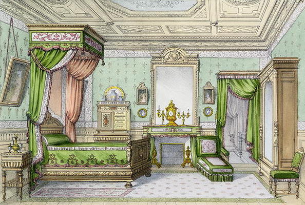 Bedroom in the Renaissance style (colour litho) from French School, (19th century)