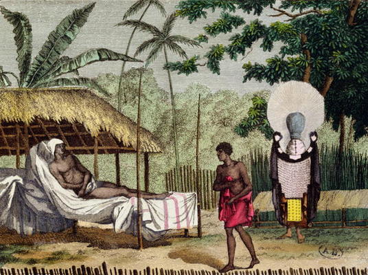 Funeral and mourning rites in Tahiti, 1811 (coloured engraving) from French School, (19th century)