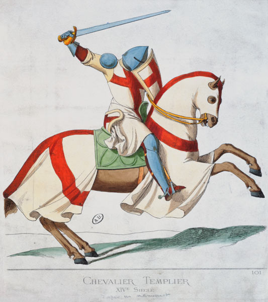 Illustration of a Knight Templar, after a 14th century manuscript (coloured engraving) from French School, (19th century)