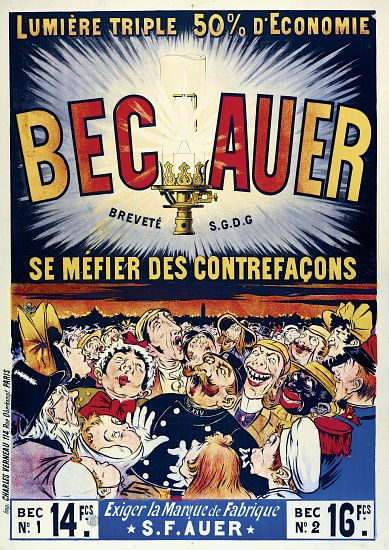 Poster advertising 'Becauer' petroleum lamps, printed by Charles Verneau from French School, (19th century)