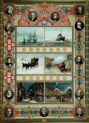 Progress during the reign of Queen Victoria (1819-1901). Sailing ships, steam ships, steam train and from French School, (19th century)