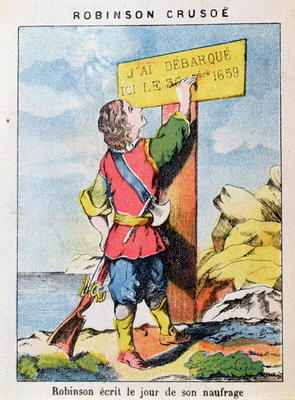 Robinson Crusoe Writes the Date of the Shipwreck (colour litho) from French School, (19th century)