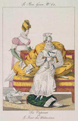 The Vapours or The Accounts Day, plate 62 from 'Le Bon Genre', 1813 (coloured engraving) from French School, (19th century)