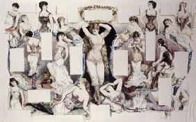Layout illustrations for an article on women's underwear, from 'La Vie Parisienne', c.1870 (coloured
